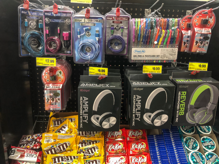 An end cap near the registers had all the essentials: candy, USB cables, webcams, and headphones.