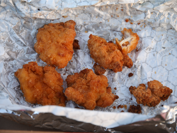 They were the only wings out of the three chains that came without bones, which made them easier to eat, but they were more reminiscent of a frozen aisle bag of chicken nuggets than an order of wings from one of the country