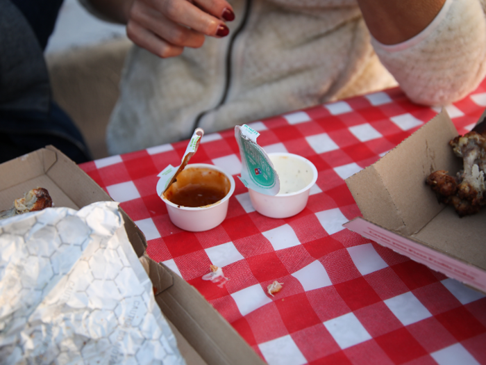 And with each dish, we ordered a side sauce: we chose ranch, BBQ, and sweet mango habanero at Domino