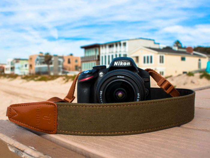 A denim camera strap