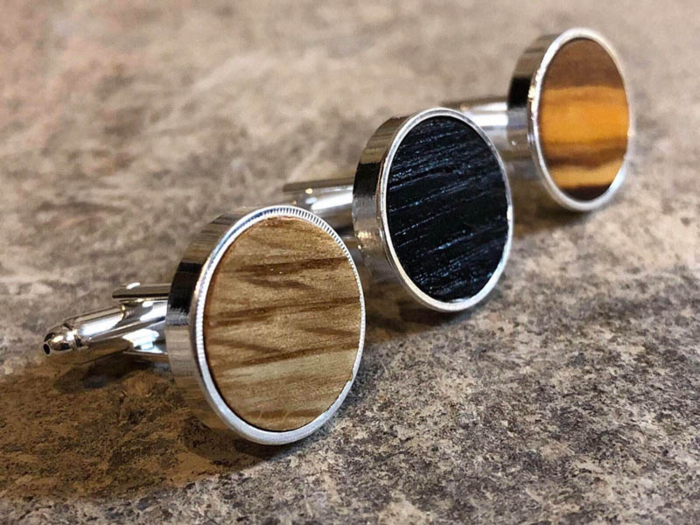 Cufflinks made with real whiskey barrel pieces