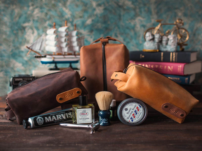 A stamped leather dopp kit