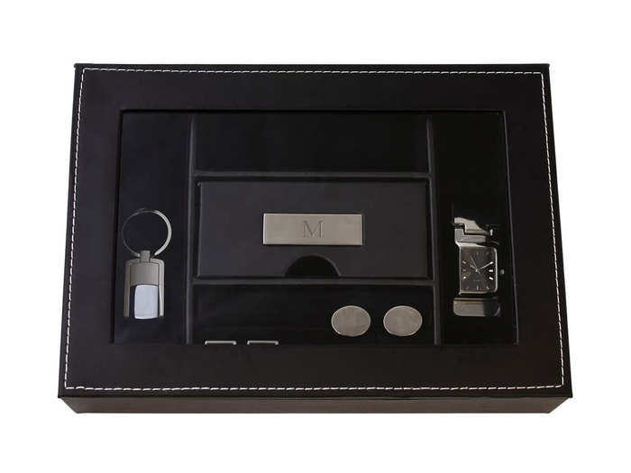 A polished dresser-top box to organize cuff links and watches