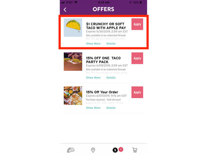 Under "offers," the top promo should be the for Apple Pay — a $1 crunchy or soft beef taco.