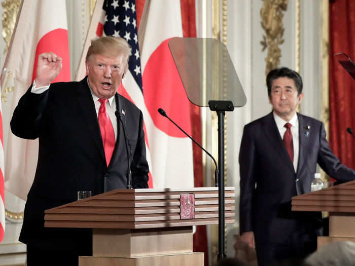 Trump made statements about trade, as well as North Korea, and Iran, during a joint press conference with Abe on Monday ahead of their bilateral meeting.