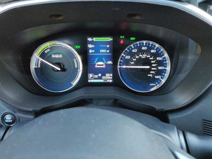 The Crosstrek Hybrid features a simple but useful gauge cluster with a 4.2-inch digital information screen flanked by a pair of analog gauges.