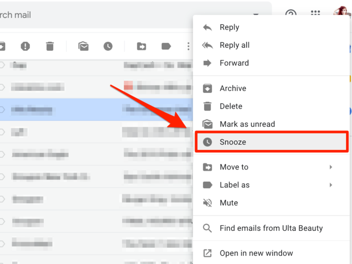 Snooze emails for later viewing.
