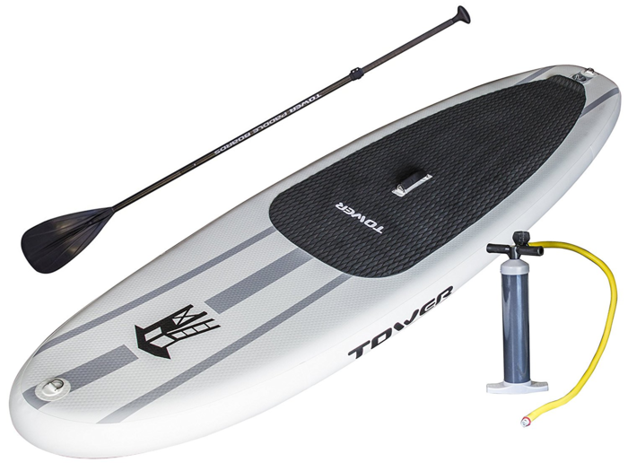 An inflatable, stand-up paddle board.