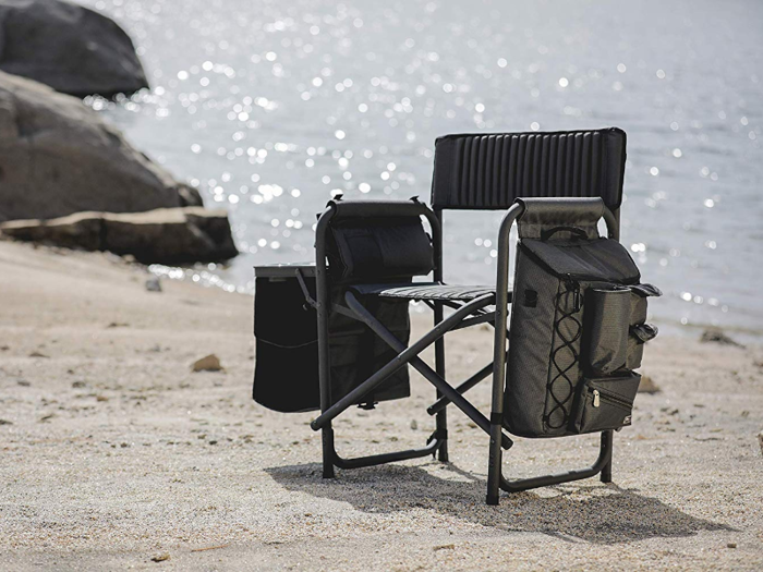 A folding chair with compartments and backpack straps