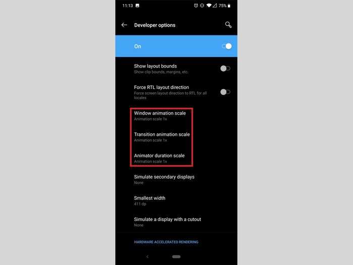 In the developer options, scroll down to find the animation scale options.