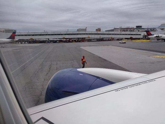 We have pushback! Finally, we leave the gate a few minutes before 4:00 pm. Three hours after our original departure time.