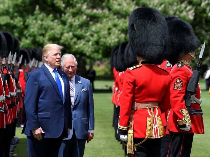 The president accompanied Prince Charles on inspecting the Guard of Honor formed by Grenadier Guards in their traditional bearskin hats.