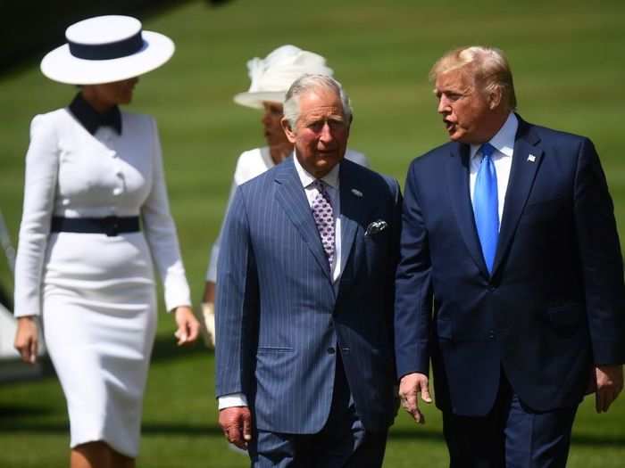 Charles, Prince of Wales and Camilla, Duchess of Cornwall, were there to greet them. Melania had changed outfits into a bespoke Dolce and Gabbana dress and matching  Hervé Pierre hat.