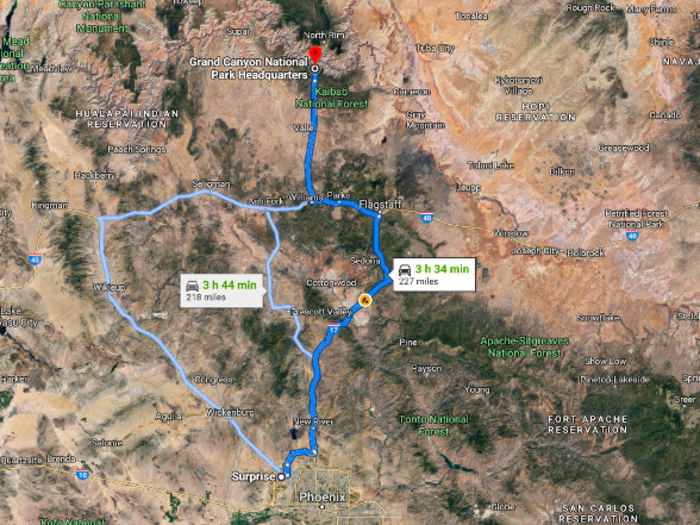 Our route takes us north from Phoenix, Arizona, through Flagstaff and up to the Kaibab National Forest before reaching the Grand Canyon National Park.