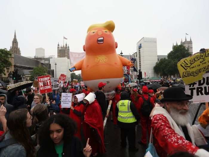 The "Trump Baby" blimp was a notorious fixture in the crowd, making its second debut since it caused a stir during Trump