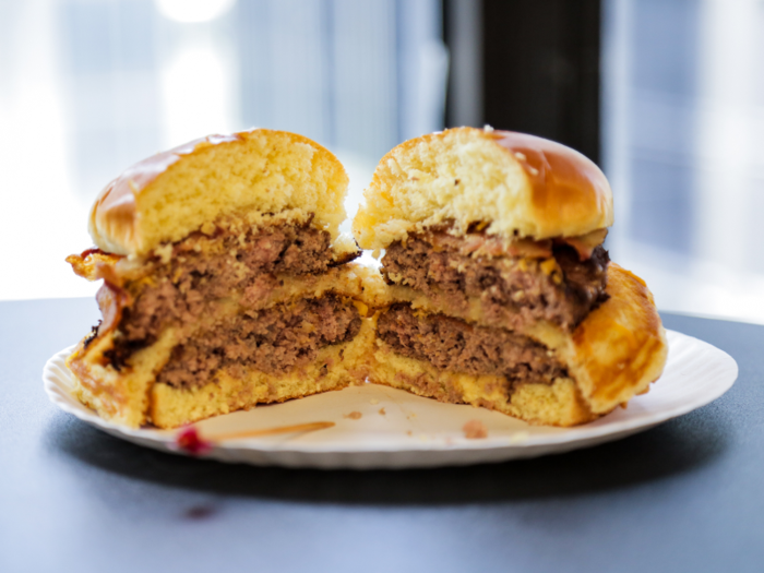 Splitting the burger open revealed that it was mostly carbs and meat, with a light hint of cheese and sauce.