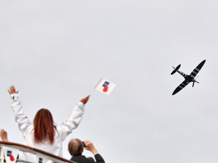 A Royal Air Force Spitfire also flew above MV Boudicca as it sailed to Normandy.