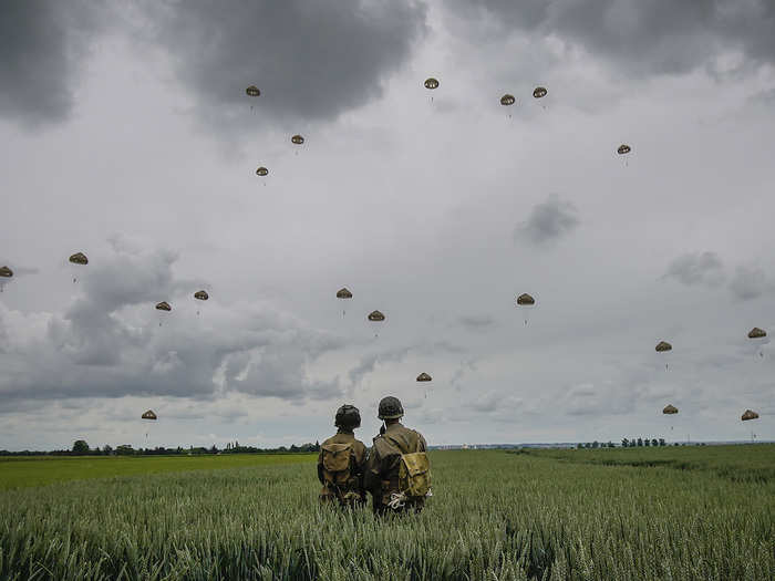 Two-hundred-and-eighty paratroopers also took part in a parachute jump over Sannerville, France, that same day.