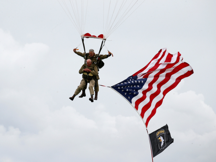 Military veterans also took part in the celebration. 97-year-old US World War II paratrooper veteran Tom Rice made a commemorative parachute jump over Carentan, a small rural town in Normandy, on Wednesday.