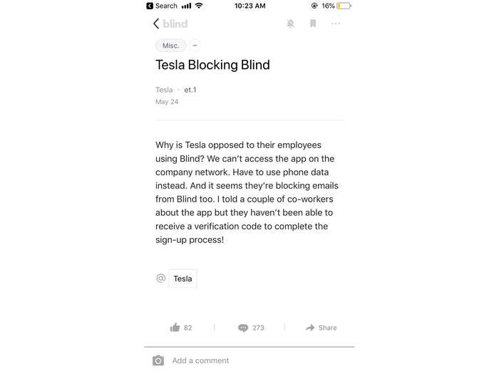 The company-sort feature also makes it easier to monitor a particular company — like Tesla — if something is going on there, like the ban of Blind.