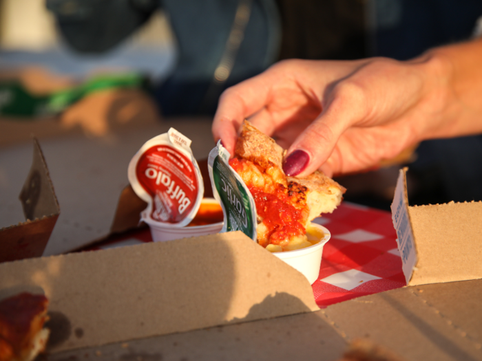 The pizza also came with two dipping sauces: buffalo and garlic, which were both tasty.