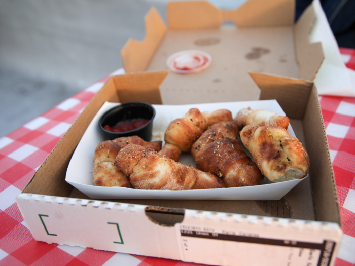 First up were the garlic-y side dishes. We ordered Garlic Bread Twists from Domino