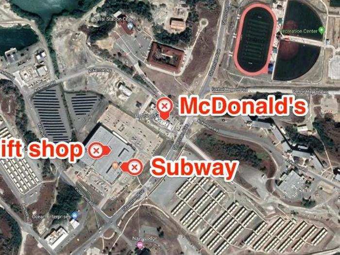 Surrounding the gift shop — which is operated by the US Navy Exchange — are a number of familiar outlets, like Subway and McDonald