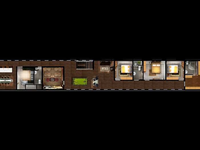 A typical living quarters has two floors. On the lower level (shown below), there are multiple bedrooms, a pool table, and a movie theater.