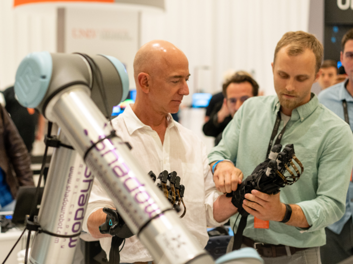 The star of the expo was a tactile touch device built by HaptX and Shadow Robot. When CEO Jeff Bezos roamed the conference floor, this is the demo he did.