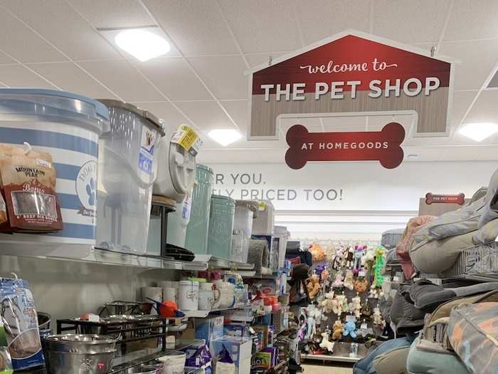 There was also a "pet section" — several aisles offering pet products including food and water bowls, treats, bedding, and toys.