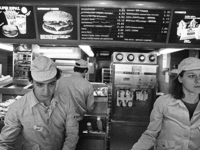 This photo was taken in 1982, two years after the first Burger King opened in France. Although the stripes look drab in this black-and-white photo, they were actually a bright, eye-catching red. Until recently, Burger King uniforms were unique in every country around the world.
