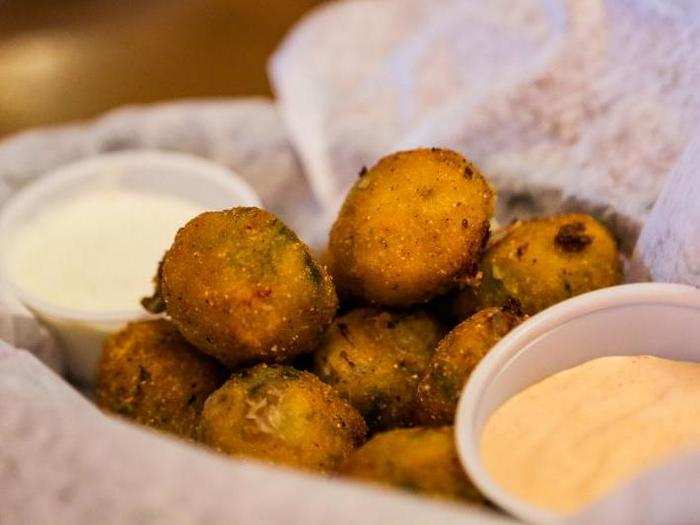 They looked and smelled like little deep-fried balls of golden goodness, and they came with two sauces: ranch and cactus blossom sauce, which is a horseradish-based house sauce.