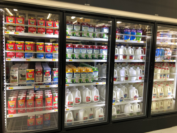 Next to the soft drinks in Secaucus was a refrigerated wall filled with milk, eggs, juice, whipped cream, and other similar products.