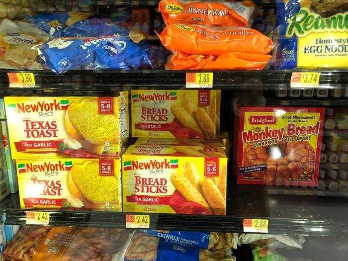 ... frozen bread, and some frozen dessert like the Monkey Bread, seen here next to boxes of breadsticks and Texas toast.