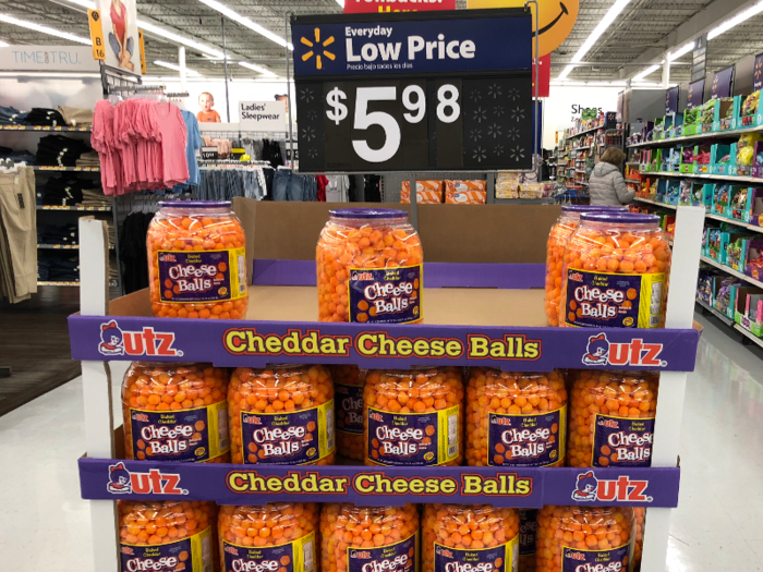 ... and an island dedicated to barrels of utz Cheddar Cheese Balls. The supercenter in Secaucus also had islands of featured products across the store.