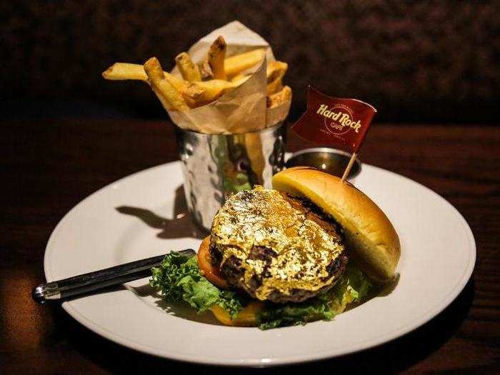 Unlike other Hard Rock burgers, which are usually staked through the heart with a steak knife, the gold leaf burger was served open-face to show off the gold-leaf-covered patty.