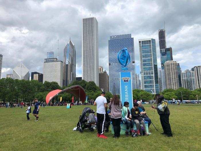 While I waited for the event to begin, I plugged my phone into one of the Pokéstop-themed charging stations that were scattered around the park.