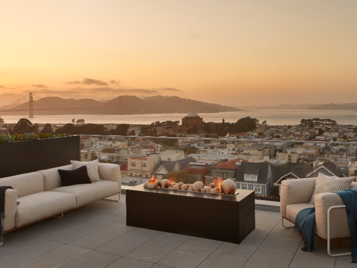 The staircase on the fifth floor leads to a rooftop that overlooks the San Francisco Bay.