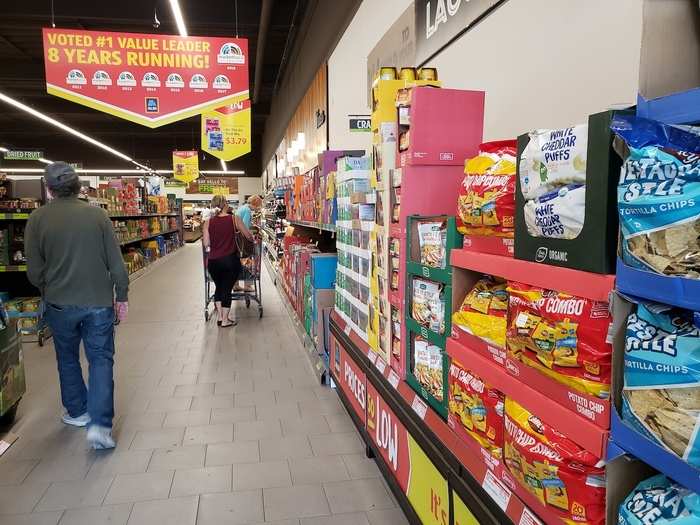 As soon as you enter Aldi, the first thing you see is a ton of snacks. There was junk food galore — if you