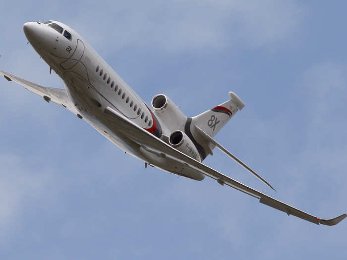 The Dassault Falcon 8X takes to the air at Le Bourget airport on June 19.