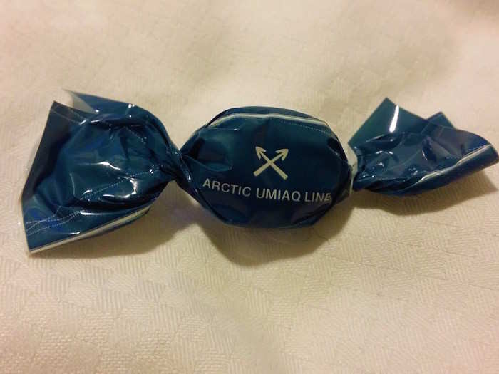 They even left towels, a coffee maker, enough packets of instant coffee to wake an army, and three little liquorice and toffee-flavored hard candies with the Arctic Umiaq Line logo on them. It was like a hotel room at sea.