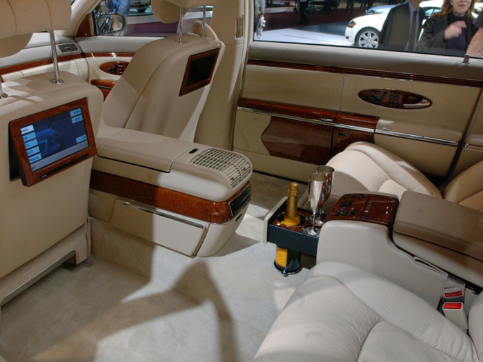 Like the Pullman Guard S600, the Maybach 62 has reclining seats and an entertainment system.