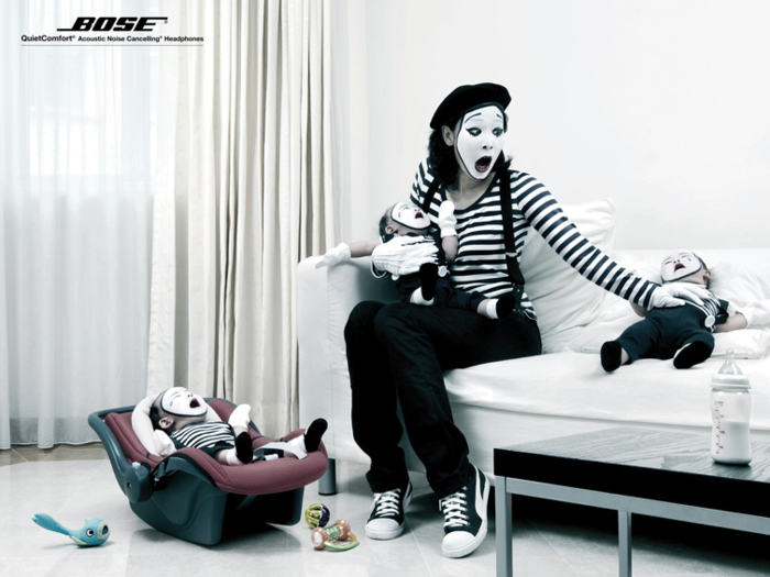 In another ad from Bose advertising their noise-canceling headphones, the world is guaranteed to be as quiet as a family of mimes. Untitled. (Singapore, 2009)