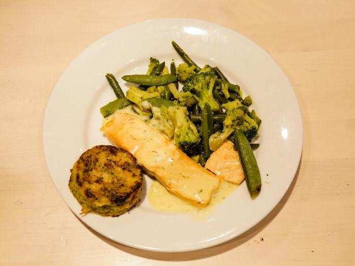 SALMON DINNER, $7.99 — The salmon had been sitting in a heated container when I ordered it, so I was not optimistic.