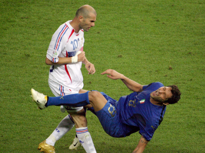 2006: Zinedine Zidane headbutts Marco Materazzi in the World Cup final.