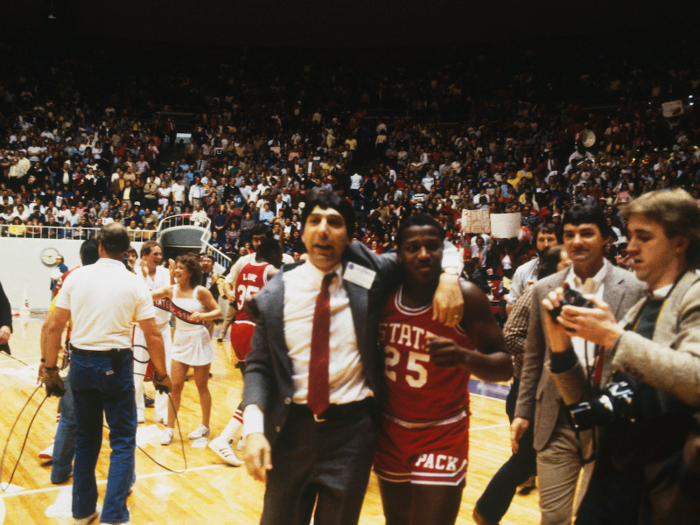 1983: North Carolina State wins the NCAA Tournament with a buzzer-beating dunk.