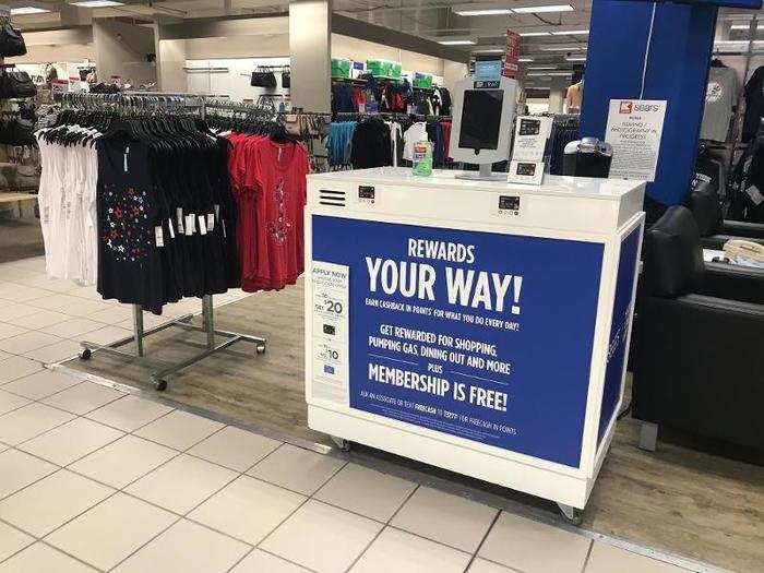 We found various unmanned kiosks encouraging shoppers to join the Sears membership program.