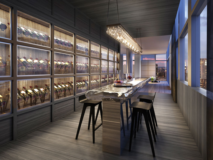 Renderings of the apartment show what could be done with the space, such as installing an expansive wine room.