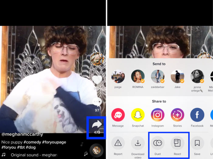 In order to create a Duet or React video, click on the arrow that appears on any TikTok video. If the user has enabled duets and reaction videos, you