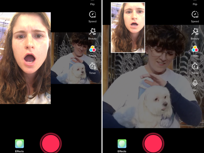 Outside of creating videos, TikTok also allows for users to create two other kinds of videos: "reacts" and "duets." With a "duet,"on the left, users can add to already existing videos can add their own commentary and effects to existing videos online. With a "React" (on the right), videos are similar to reaction videos found on YouTube where your video is minimized into the corner of an existing one.